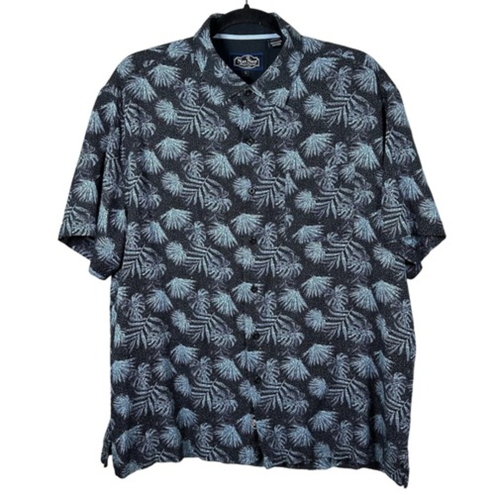 Nat Nast Large Shirt Blue Short Sleeve Silk Cotton Palm Tropical Button Down